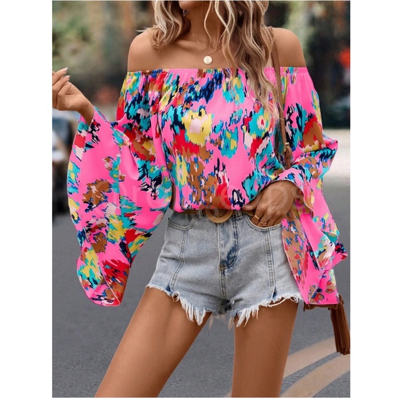 Pink Off Shoulder Abstract Print Flared Sleeve Shirt Top - Picture 6 of 8